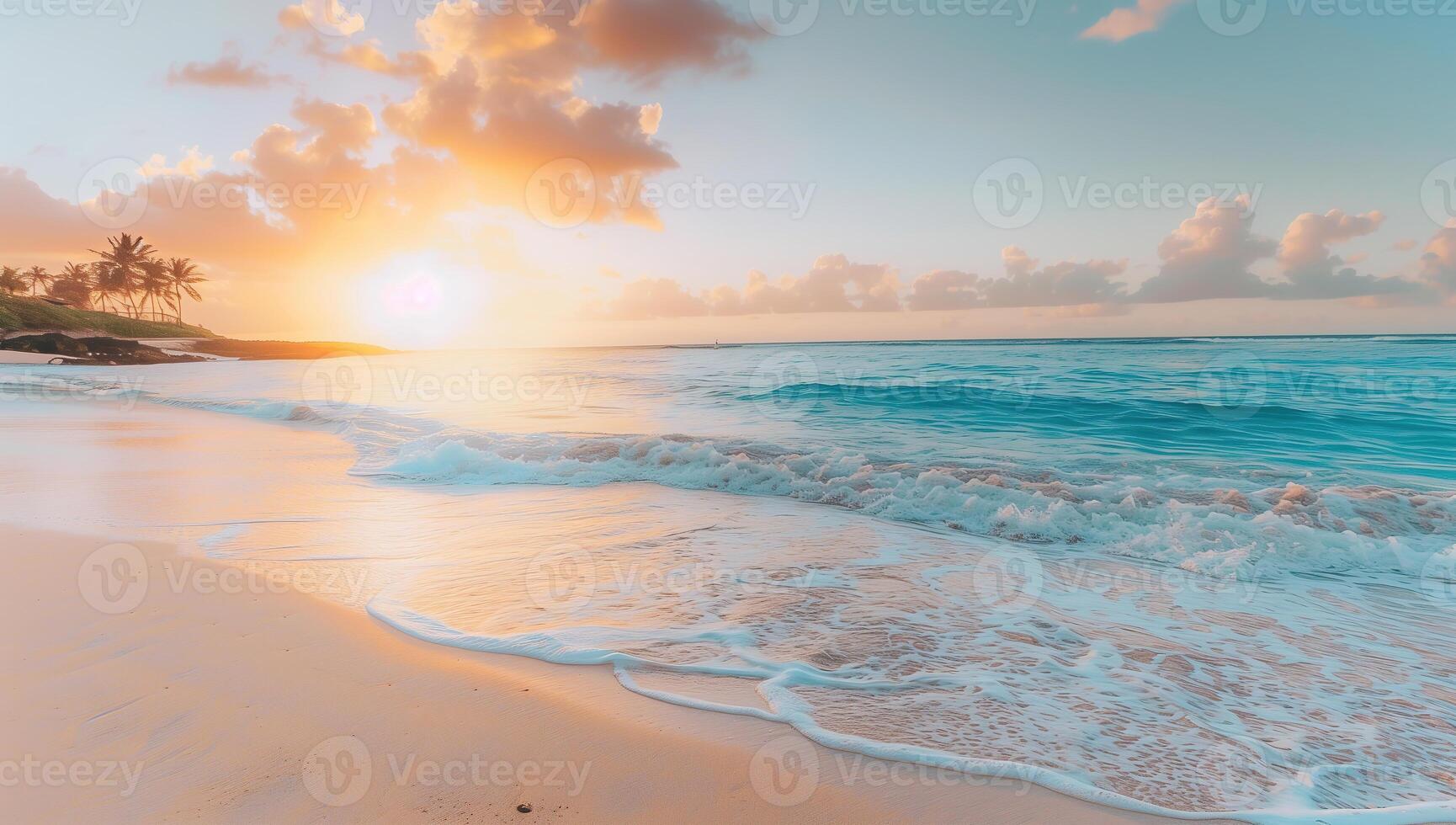 ai gerado lindo pôr do sol em a de praia com suave ondas e pastéis cores foto