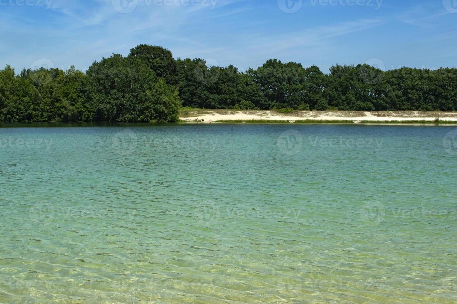 a azul água dentro floresta lago. verão panorama foto