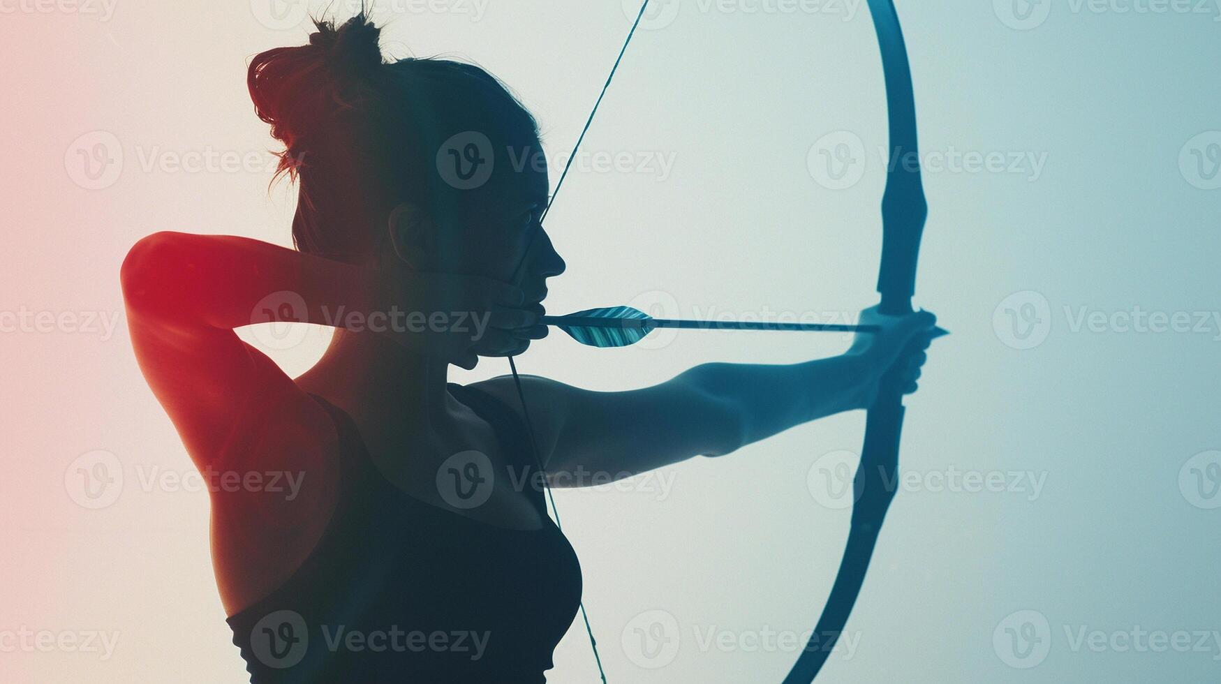 ai gerado gracioso tiro com arco, uma mulher dentro uma preparado e gracioso posição Como ela mira dela seta para a alvo, capturar dela silhueta contra uma suavemente aceso branco fundo, generativo ai foto