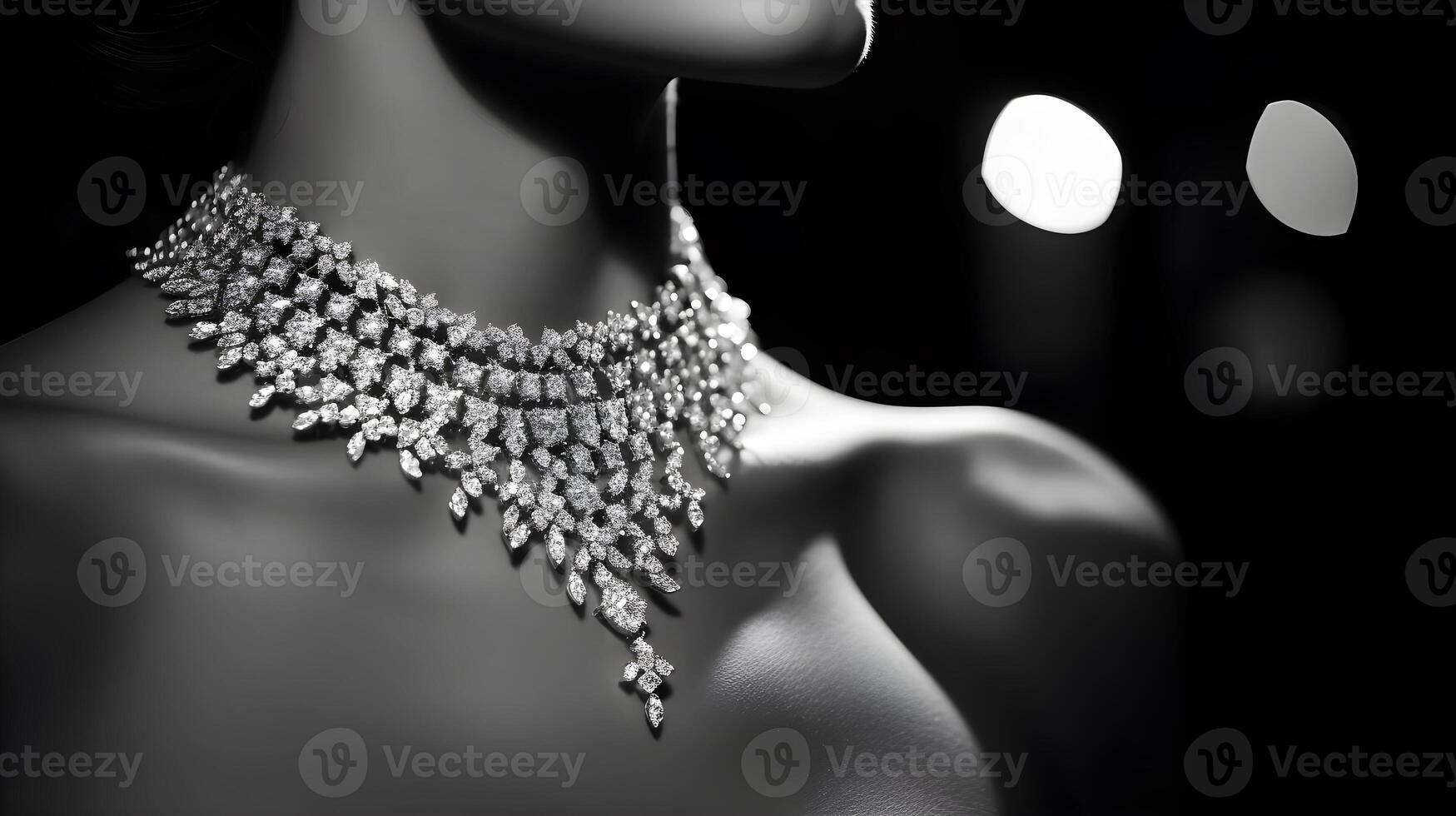 ai gerado uma mulher pescoço é adornado com uma diamante colar foto