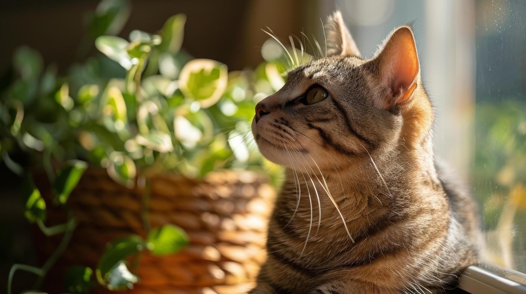 ai gerado gato sentado em janela peitoril Próximo para em vaso plantar foto