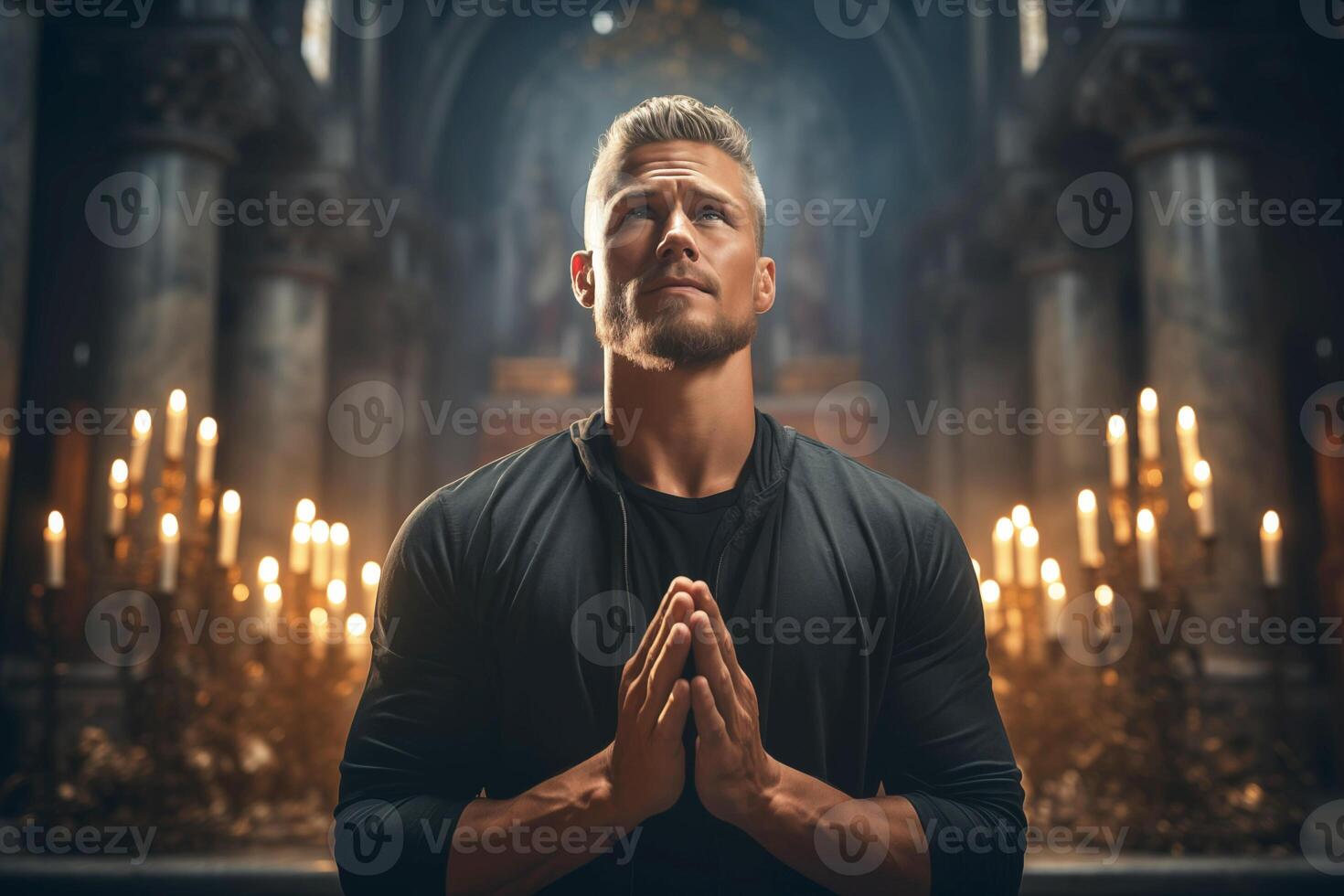 ai gerado cristão homem dentro oração. espiritual reflexão dentro uma Igreja configuração foto