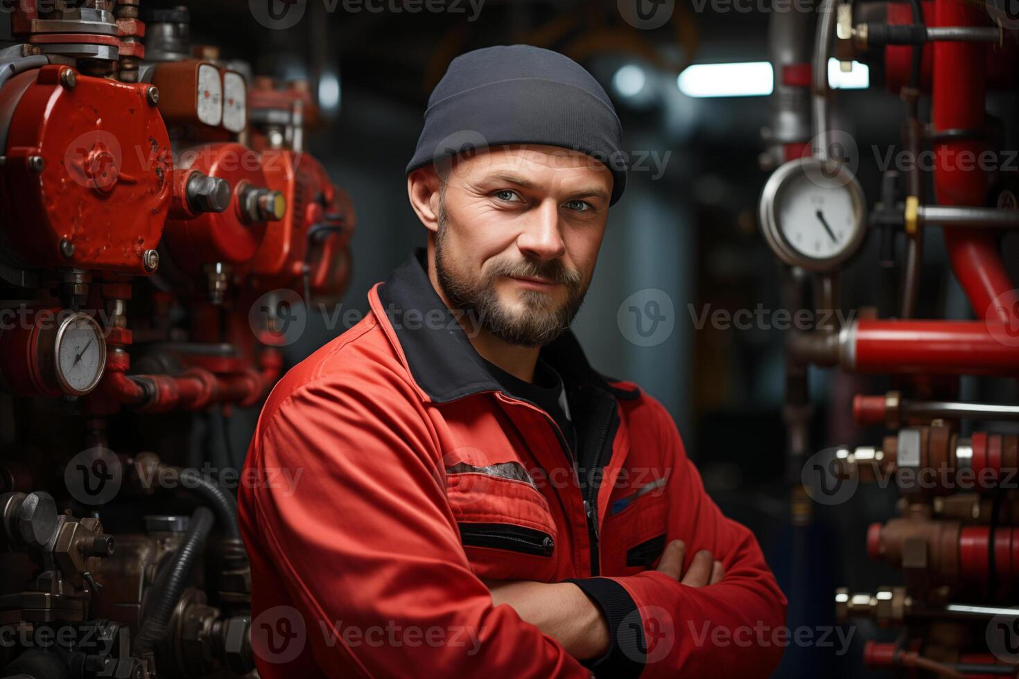 ai gerado encanador operador dentro caldeira quarto foto