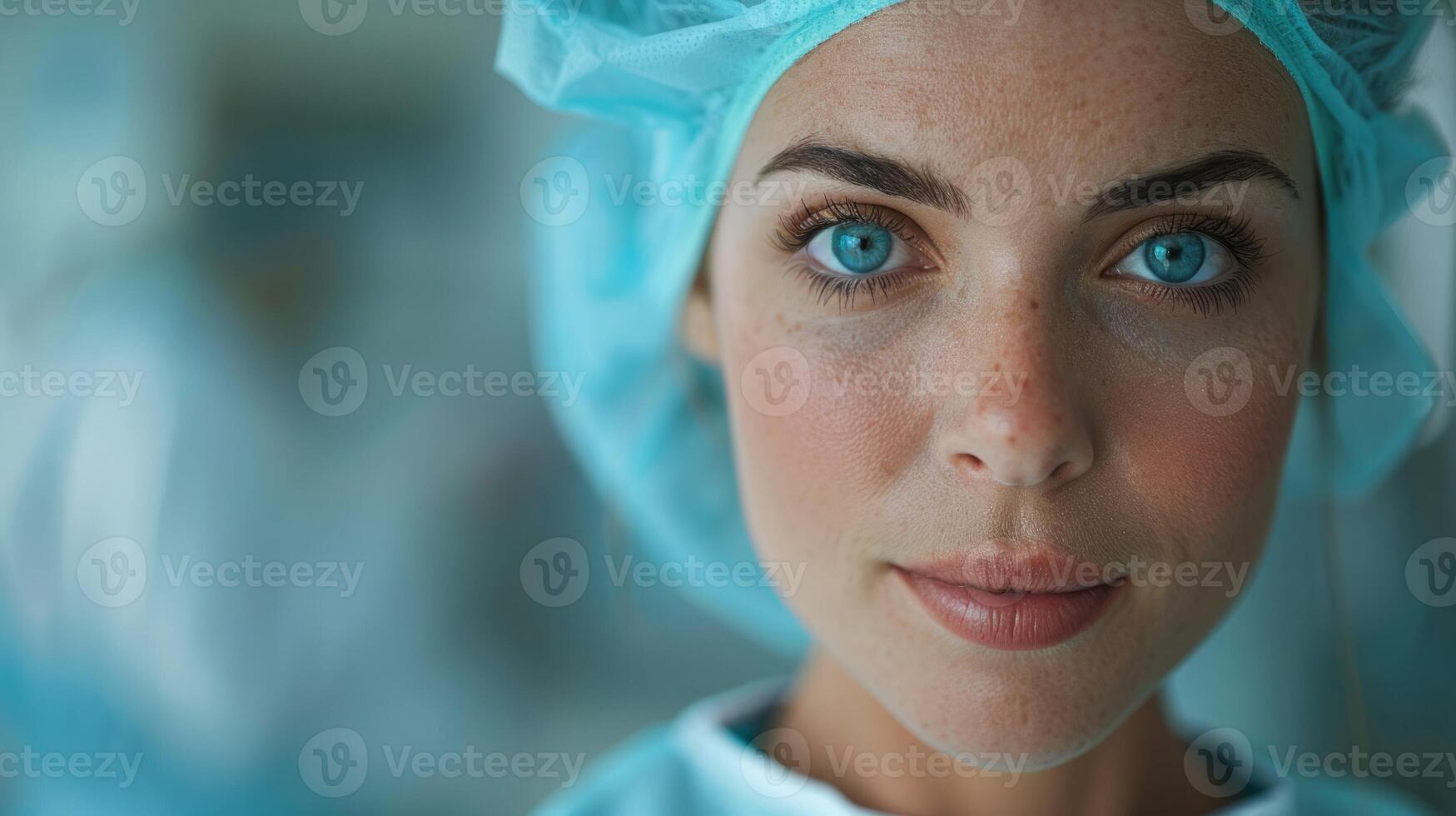 ai gerado dedicada médico profissional. retrato do mulher dentro cirúrgico vestido e plástico boné foto