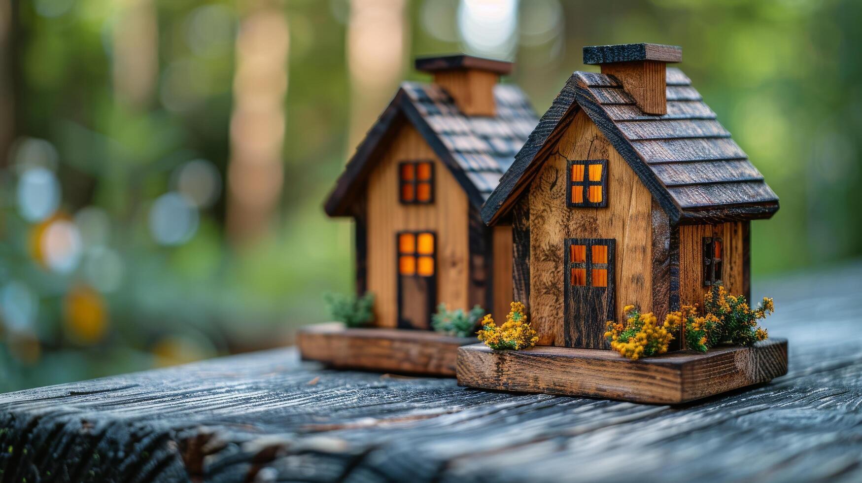 ai gerado pequeno de madeira casas em mesa foto