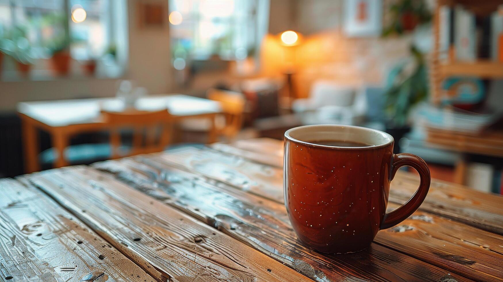 ai gerado uma copo do café em uma de madeira mesa foto