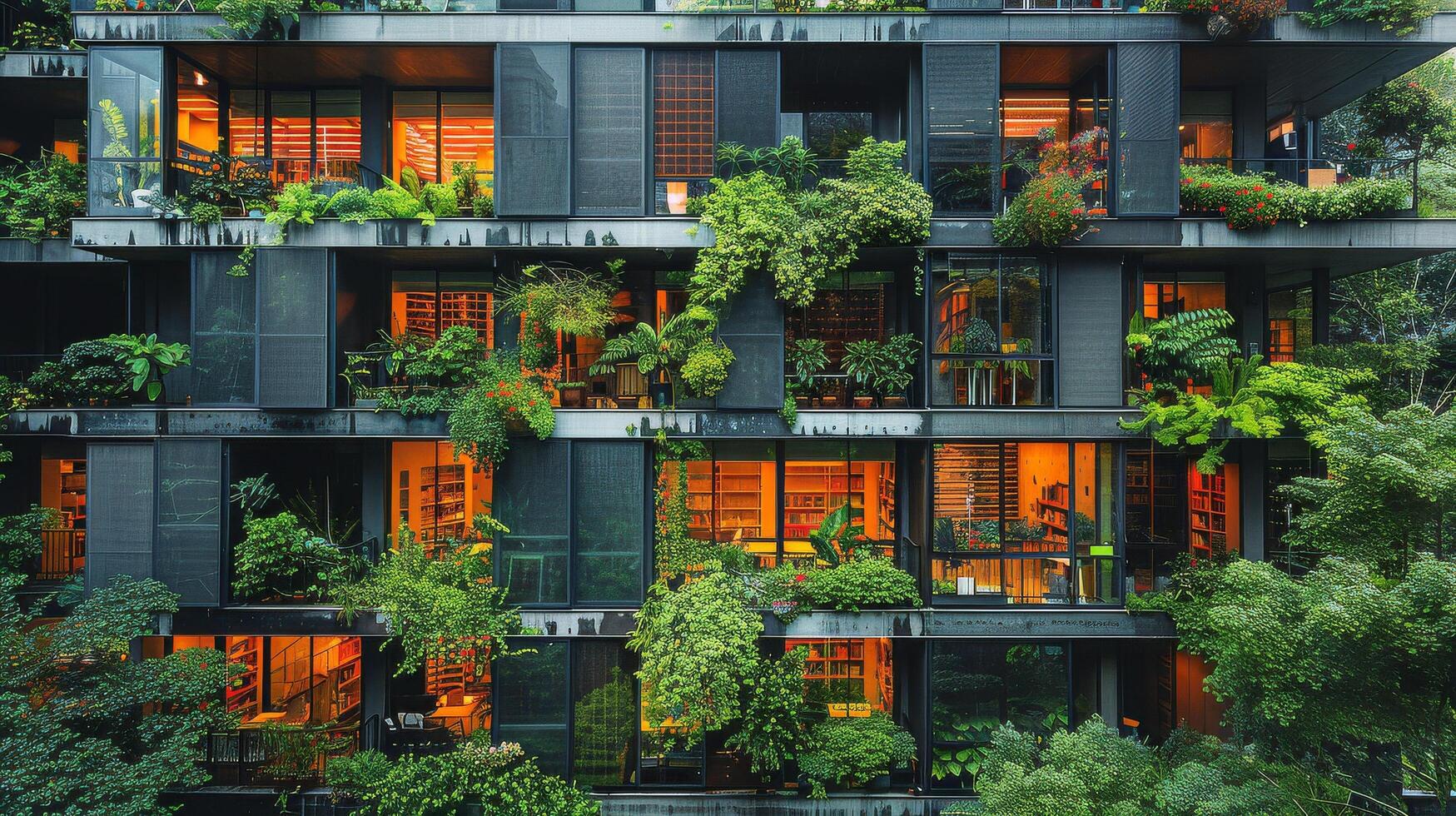 ai gerado construção fachada coberto dentro plantas foto