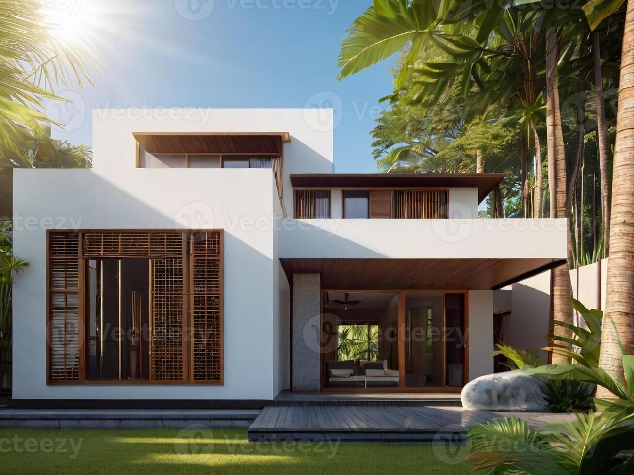 ai gerado fachada do ásia tropical moderno casa com luz solar dentro uma ensolarado dia foto