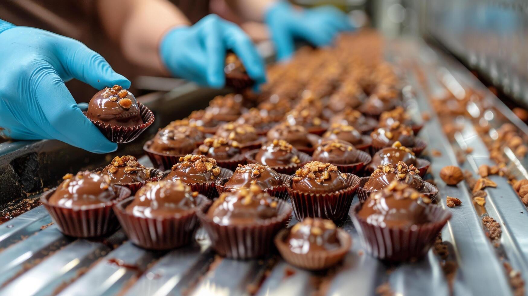 ai gerado pessoa dentro branco luvas colheita chocolates a partir de transportador cinto foto