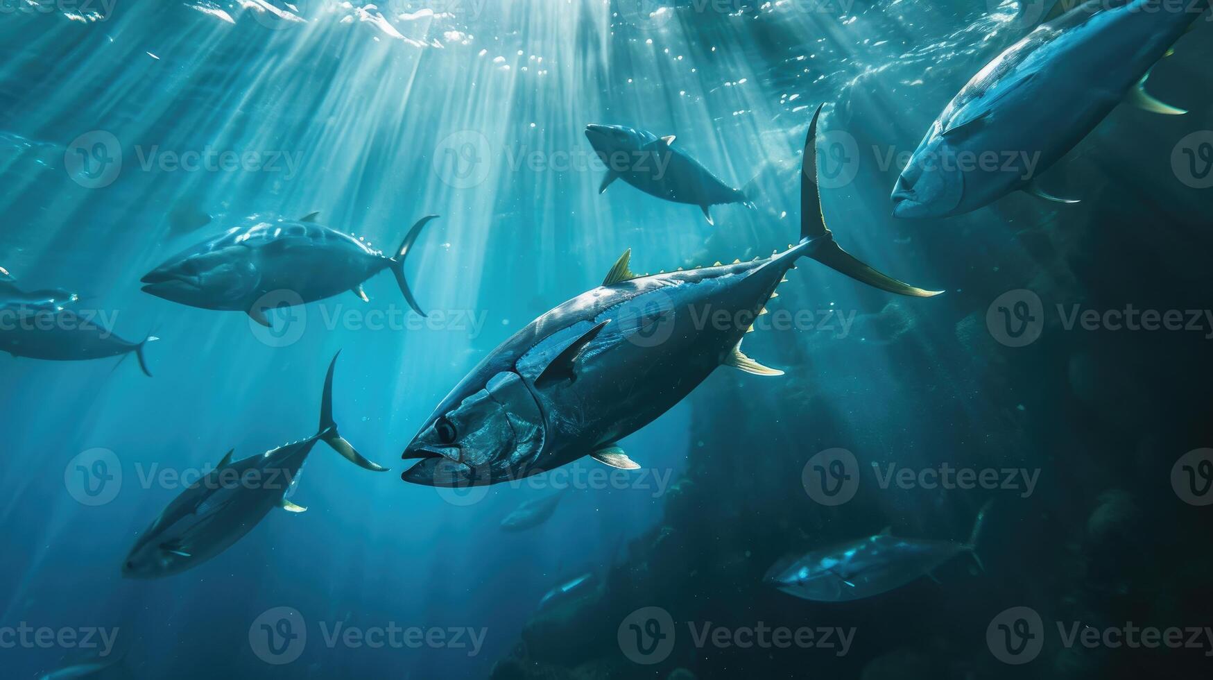 ai gerado grupo do atum peixe dentro a profundo oceano foto