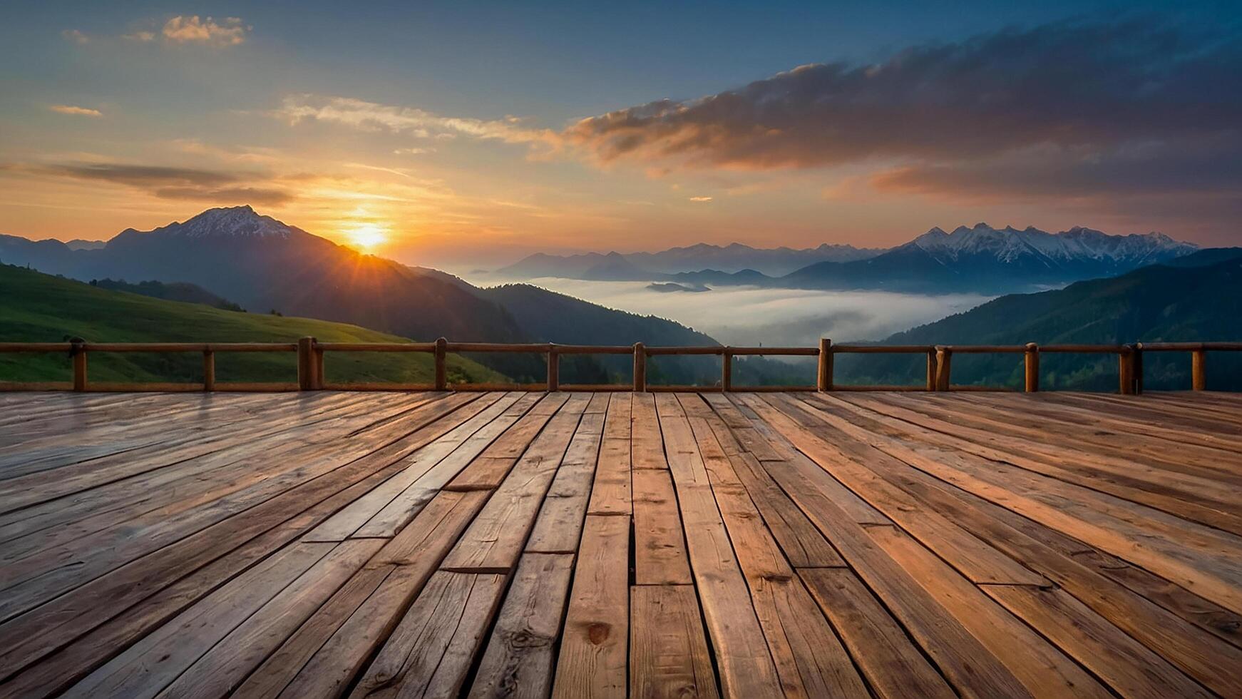 ai gerado de madeira sacada com pôr do sol e montanha Visualizações lindo panorâmico natural cenário foto