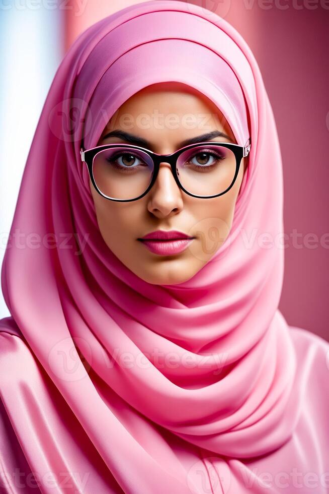 ai gerado uma mulher vestindo uma Rosa hijab e óculos foto