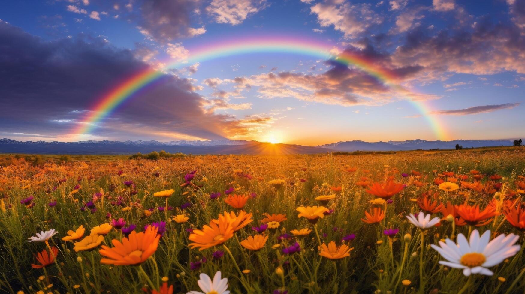 ai gerado uma colorida arco Iris arcos sobre uma campo do florescendo flores silvestres foto