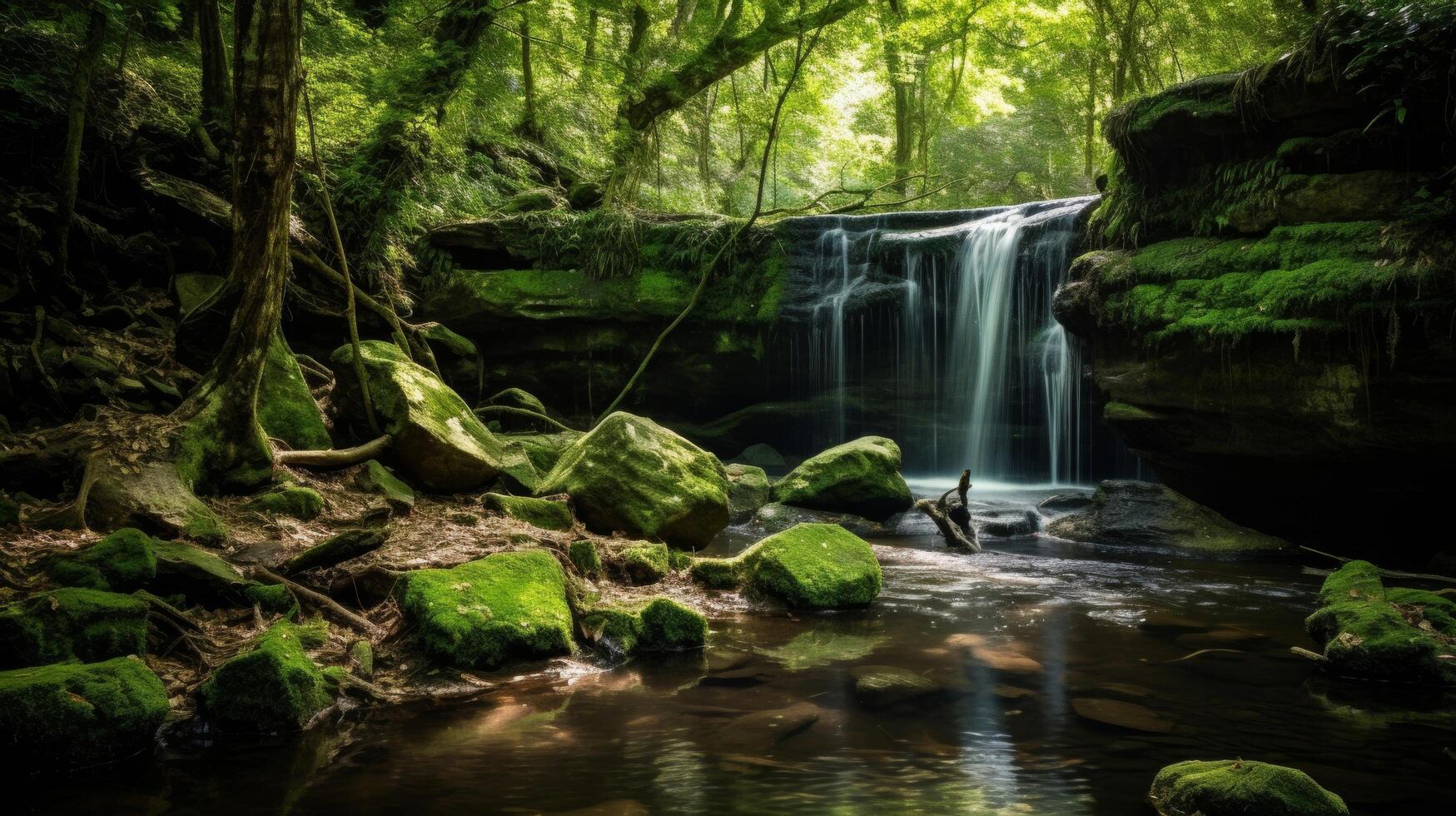 ai gerado uma escondido cascata dentro uma floresta criando uma natural oásis foto