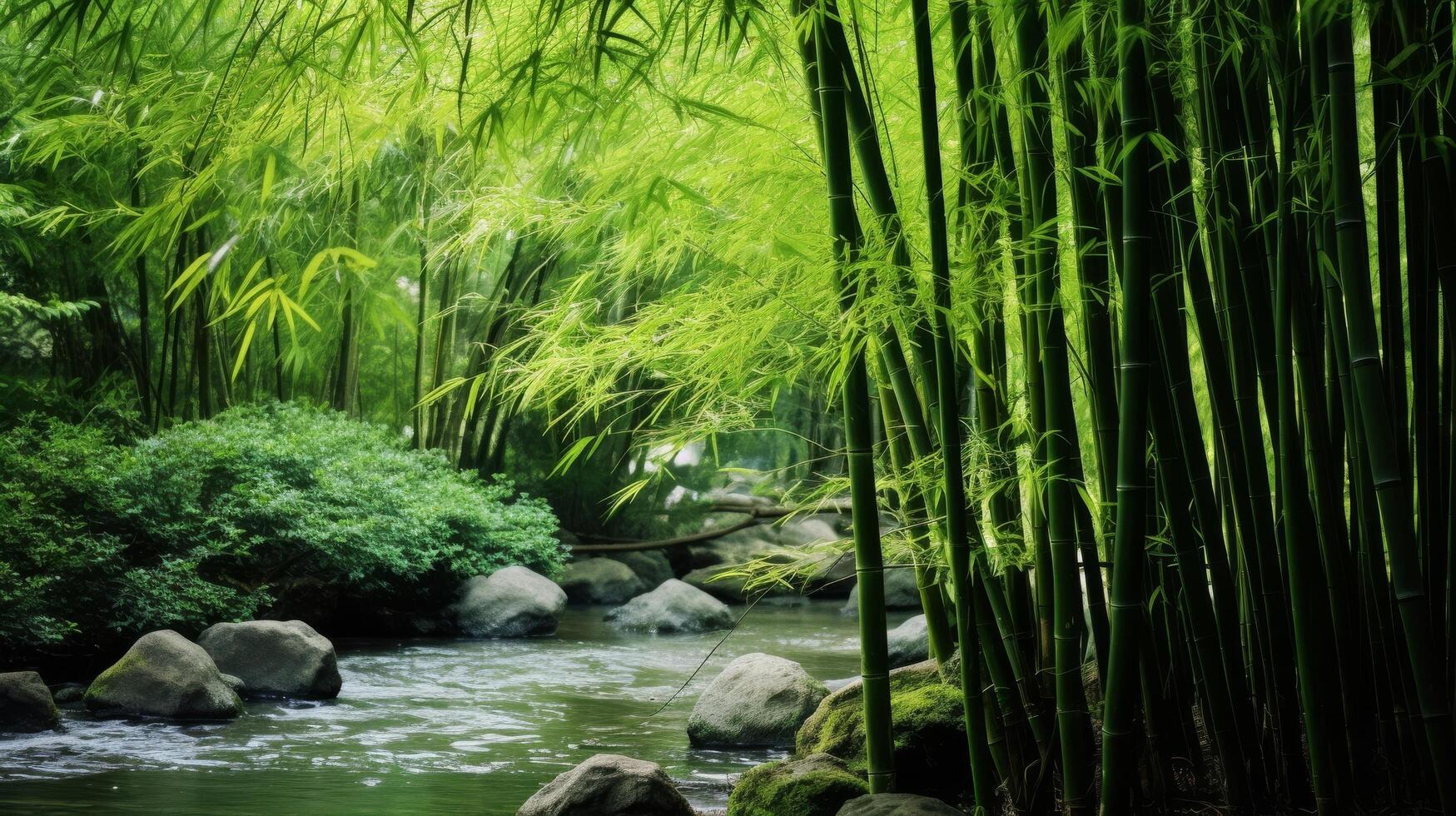 ai gerado uma relaxante e refrescante Visão do uma tranquilo bambu Arvoredo com uma Claro céu e uma natural som foto