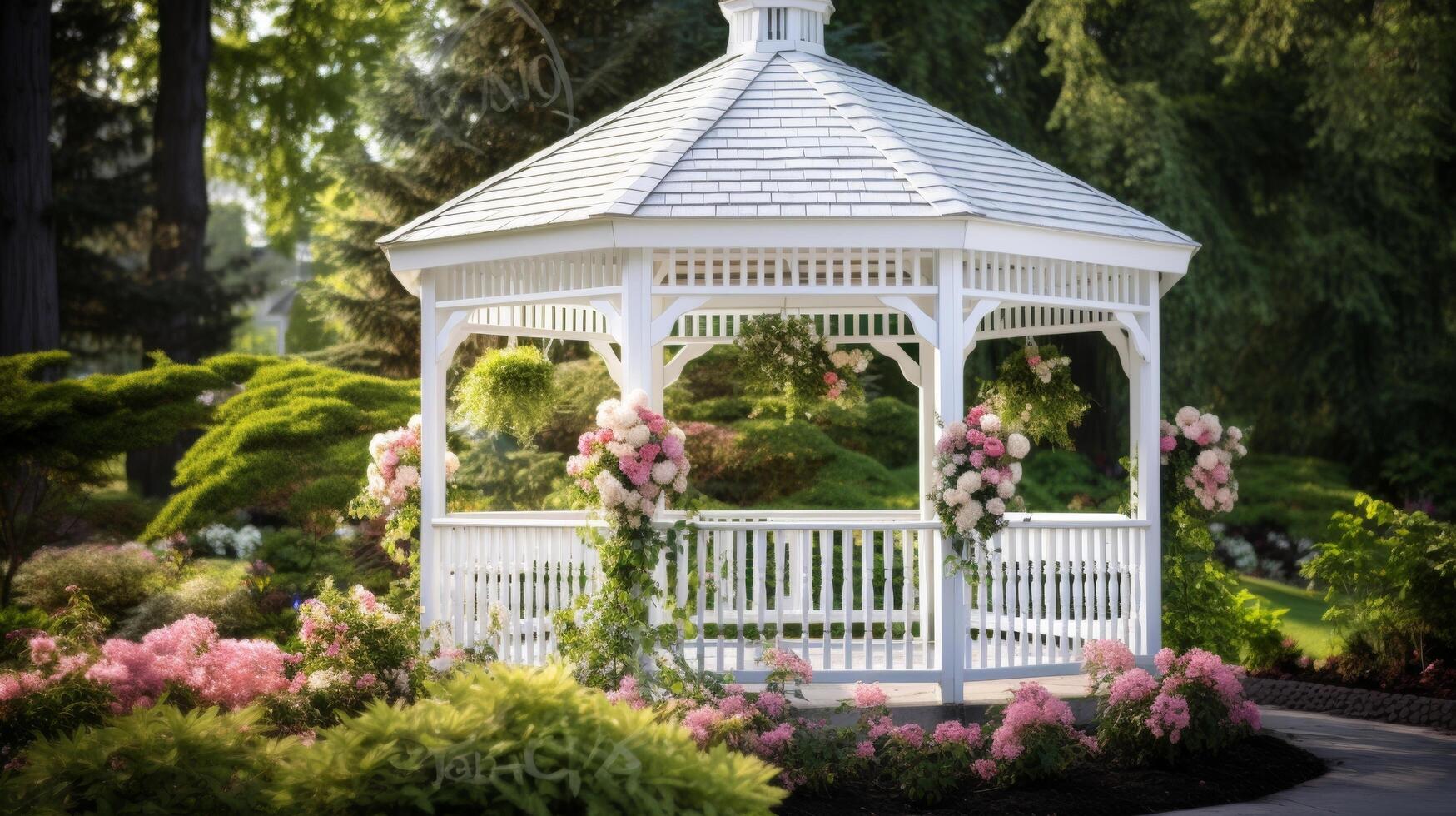 ai gerado uma branco gazebo cercado de a beleza do uma flor jardim foto