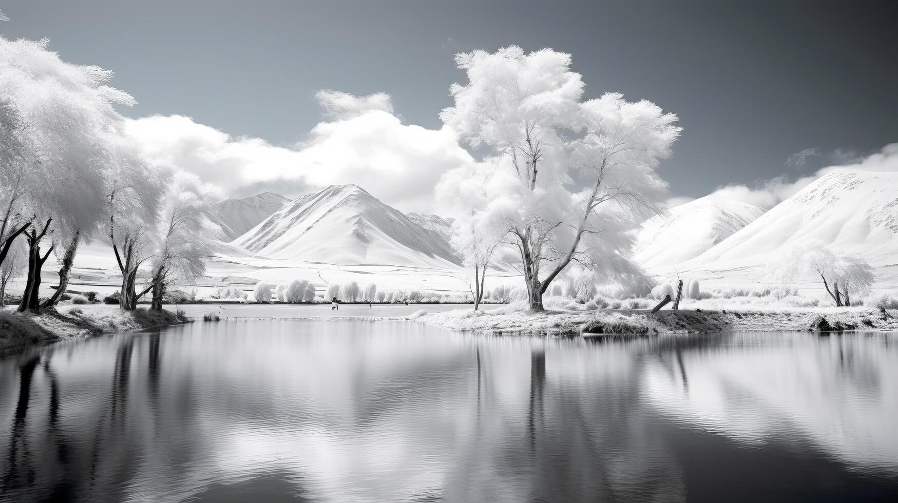 ai gerado Preto e branco infravermelho lago cena com brilhante árvores e montanhas foto