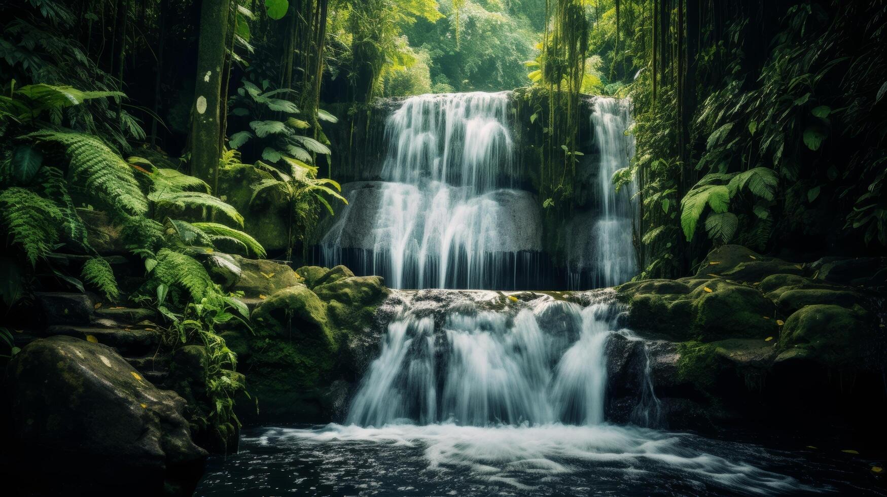 ai gerado uma majestoso cascata do água mergulhos a partir de uma Alto penhasco para dentro uma piscina abaixo foto