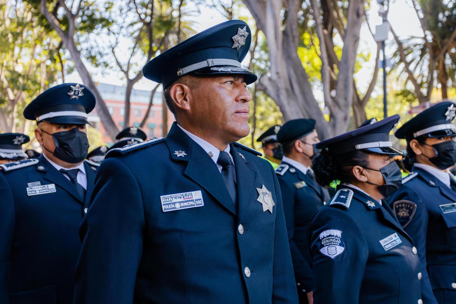 cidade, México, 2024 - diretor do a secretário do cidadão segurança com a municipal polícia logotipo emblema dentro uniforme, mantém público ordem dentro a ruas. foto