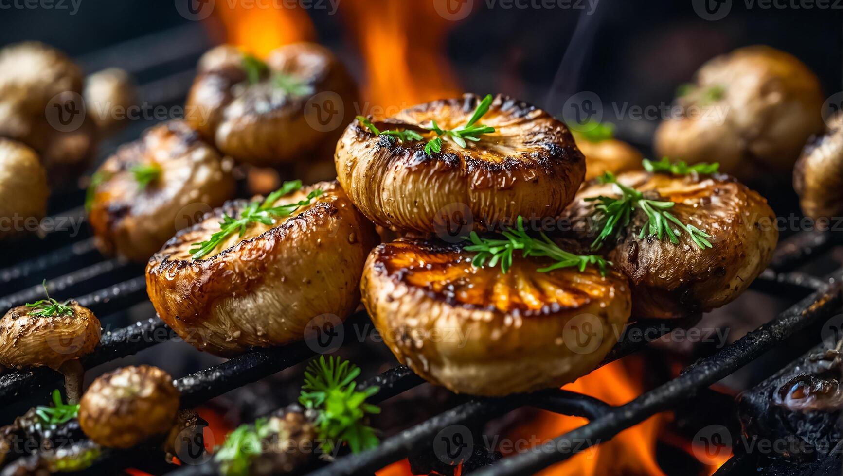 ai gerado champignon estão frito em a grade foto