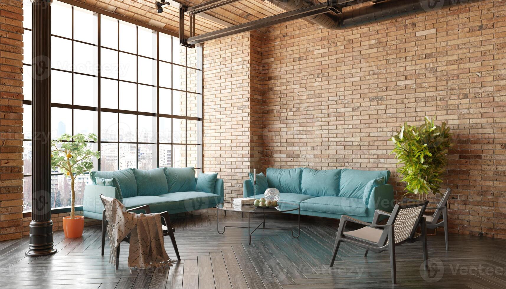 uma moderno loft vivo quarto com uma sofá, uma café mesa foto