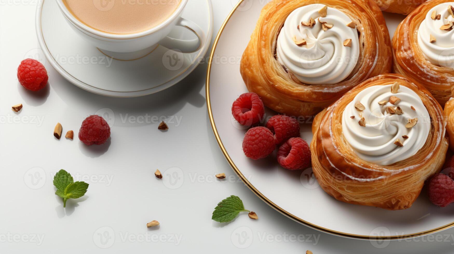 ai gerado dinamarquês pastelaria pão bolo sobremesa para chá Tempo lanche foto