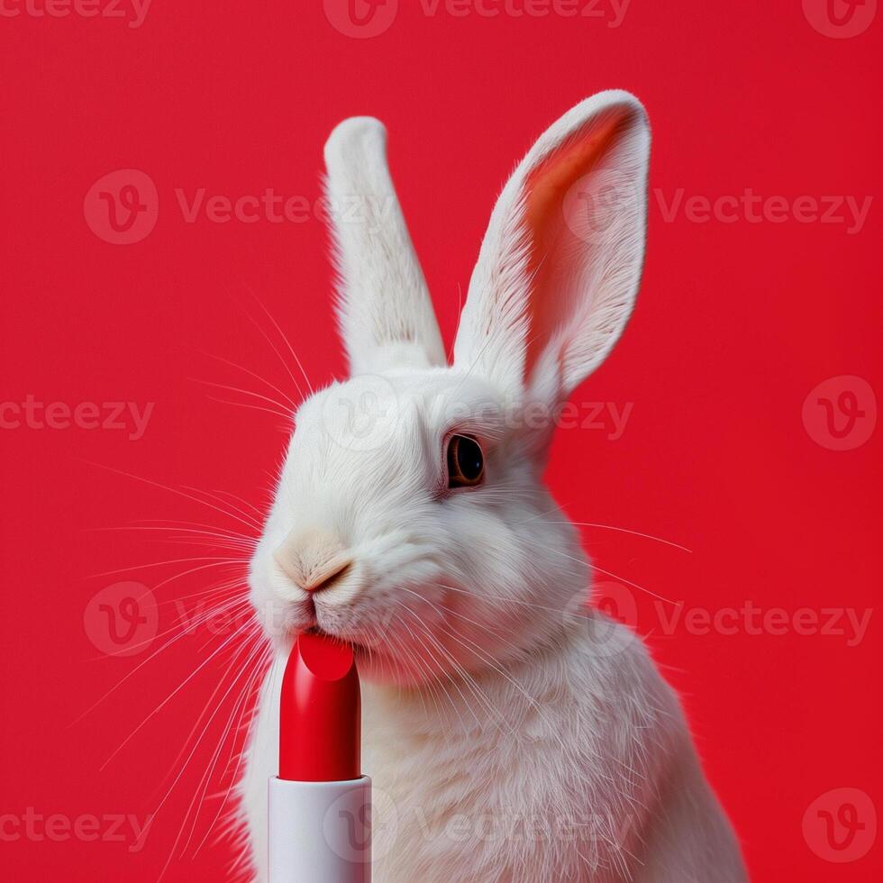 ai gerado animal teste em Coelho. uma vermelho batom com branco coelho, conceito do Cosmético teste em animal. crueldade livre e Pare animal Abuso conceito. foto