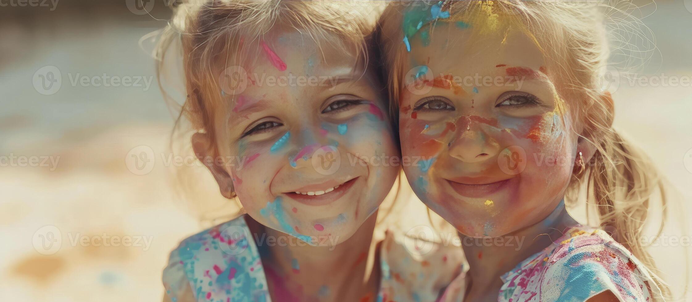 ai gerado transcultural alegria, fofa europeu criança meninas a comemorar a indiano holi festival, coberto dentro colorida pintura pó em rostos e corpos. foto