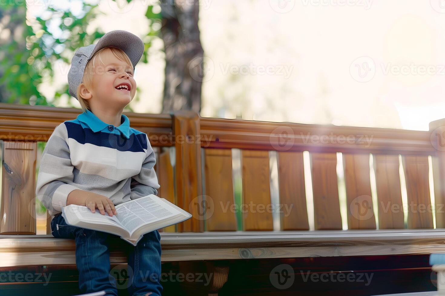 ai gerado fofa pequeno Garoto lendo piedosos Bíblia livro às campo foto