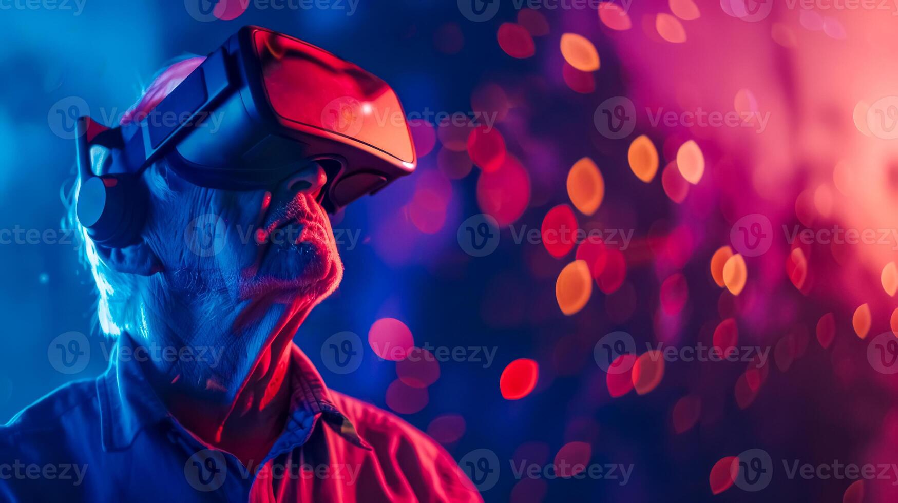 ai gerado 3d copos, Senior homem experimentando virtual realidade foto