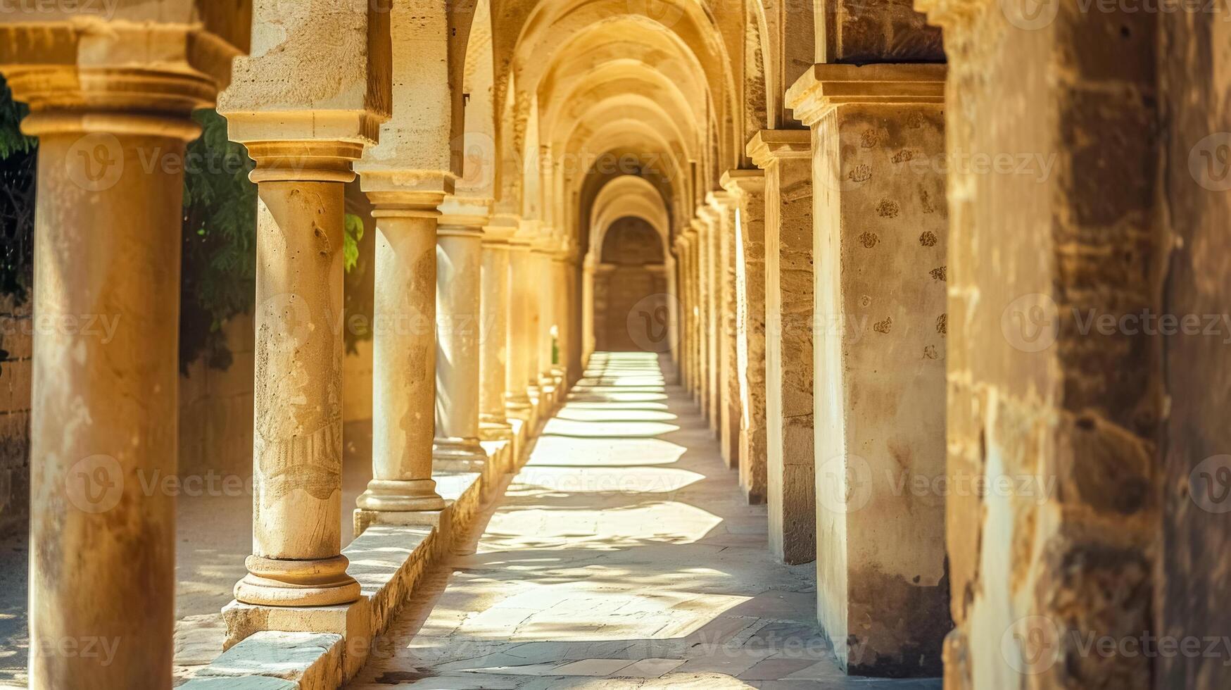 ai gerado iluminado pelo sol histórico corredor com arqueado tetos foto