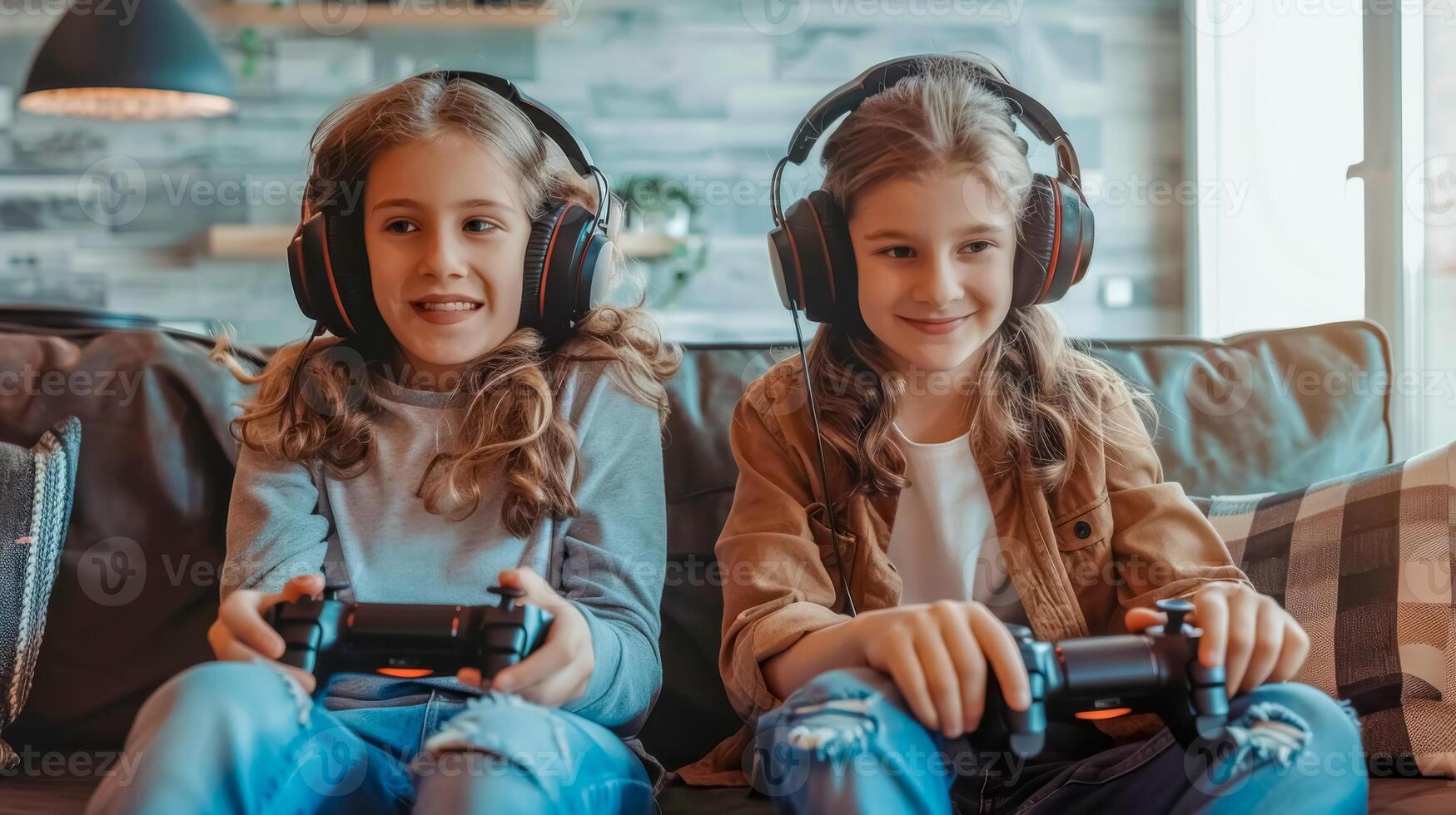 ai gerado sorridente meninas com fones de ouvido jogando vídeo jogos foto