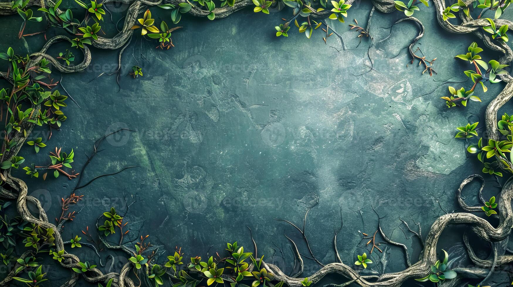 ai gerado místico pano de fundo com rastejante videiras e exuberante vegetação em uma escuro, texturizado superfície foto