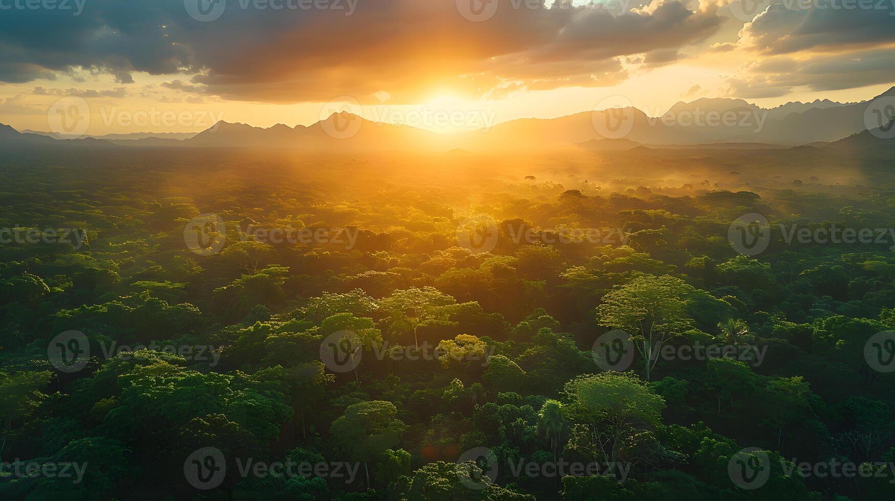 ai gerado pôr do sol sobre exuberante tropical floresta tropical com névoa e raios solares piercing através a nuvens foto