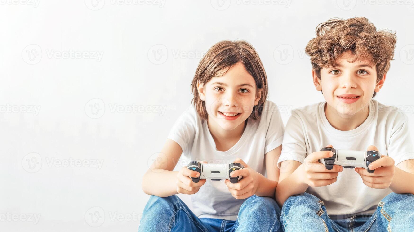 ai gerado dois crianças jogando vídeo jogos juntos foto