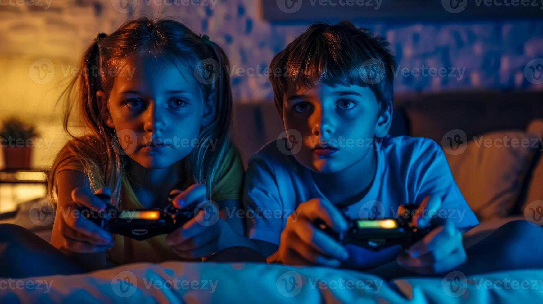ai gerado absorta crianças jogando vídeo jogos às noite foto