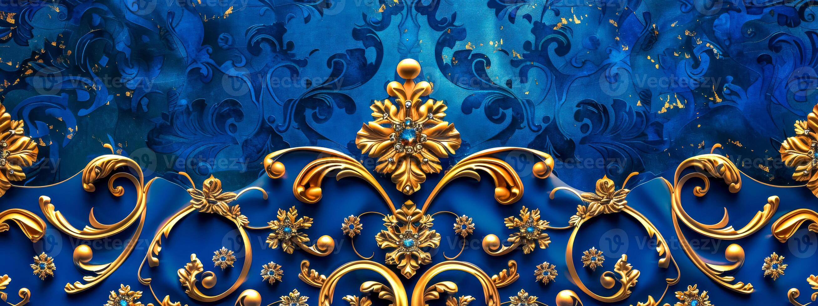 ai gerado luxuoso dourado floral enfeites em azul fundo foto