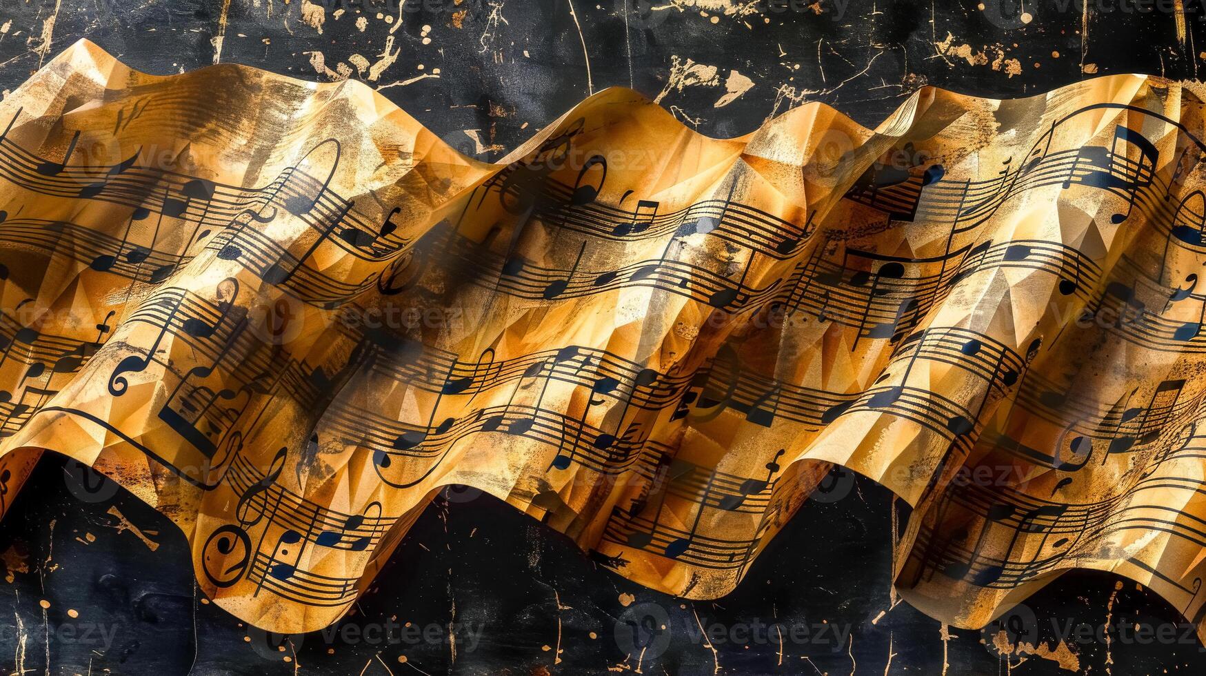 ai gerado ondulado envelhecido música Folha com notas em uma sujo Preto pano de fundo foto