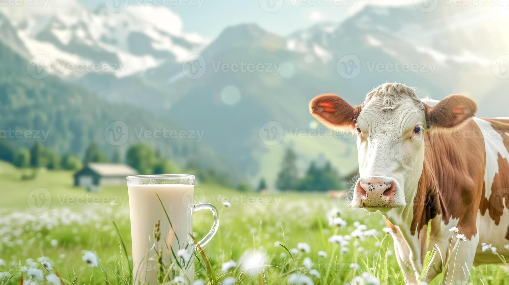 ai gerado fresco leite dentro alpino panorama com vaca foto