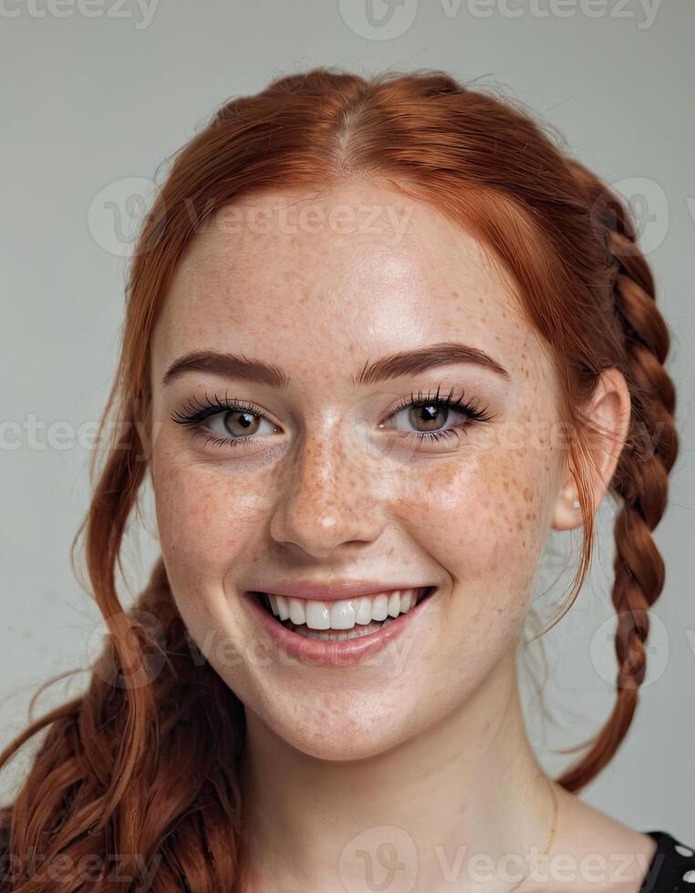 ai gerado ruiva mulher retrato. feliz sorridente senhora com sardas e vibrante ruiva tranças. foto