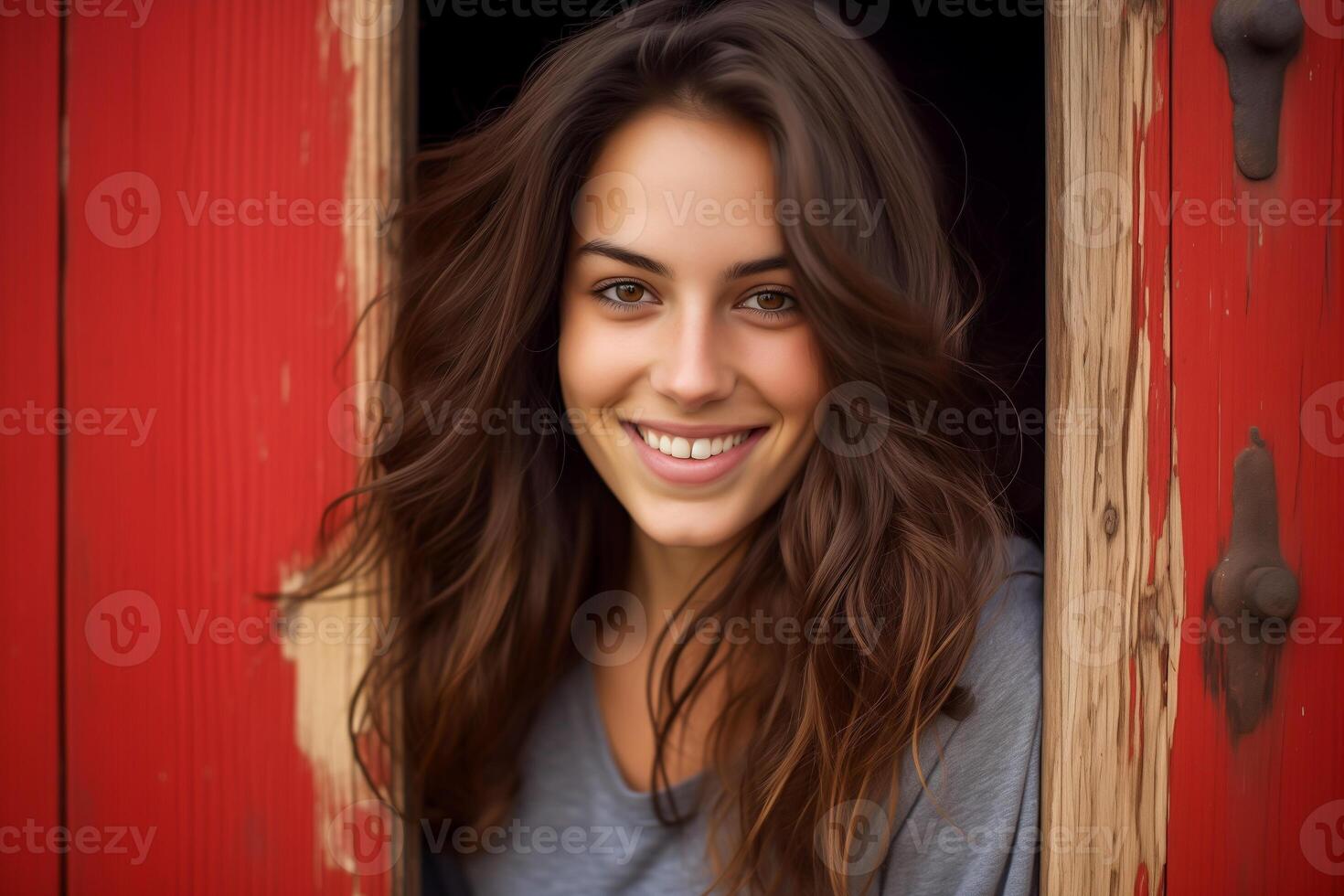ai gerado jovem mulher posando dentro frente do uma velho vermelho de madeira porta foto