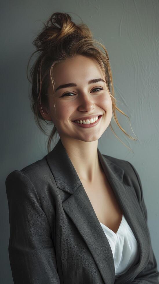 ai gerado uma sorridente empresária, posado para publicidade fotografia, conjunto contra uma estúdio fundo para uma polido e confiante olhar. foto