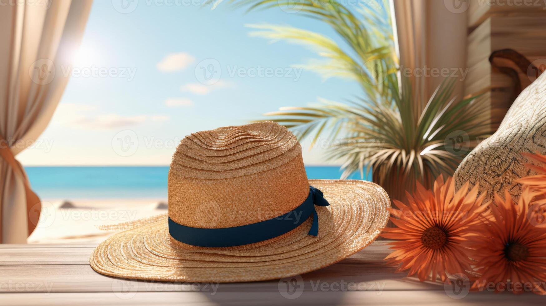 ai gerado acolhedor 3d de praia cena com uma chapéu e oculos de sol aninhado dentro a areia, feriado humor foto