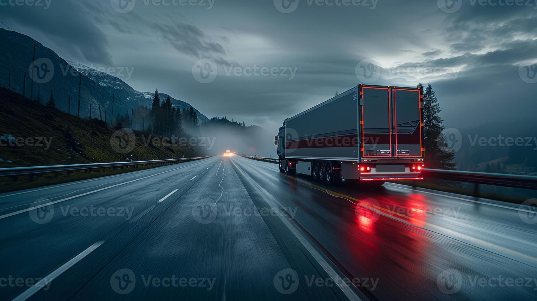 ai gerado rv ultrapassando em uma grandes estrada, traseiro cortina sincronizar destacando movimento, editorial fotografia foto