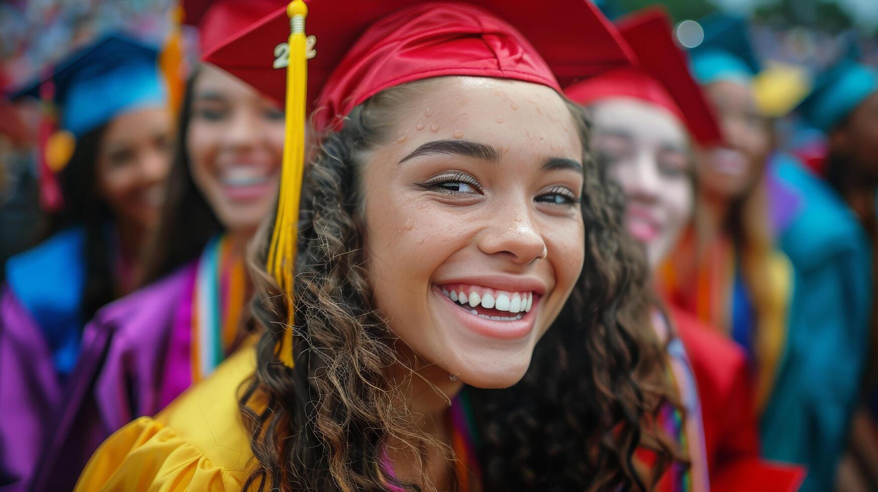 ai gerado grupo do jovem mulheres dentro graduação vestidos foto