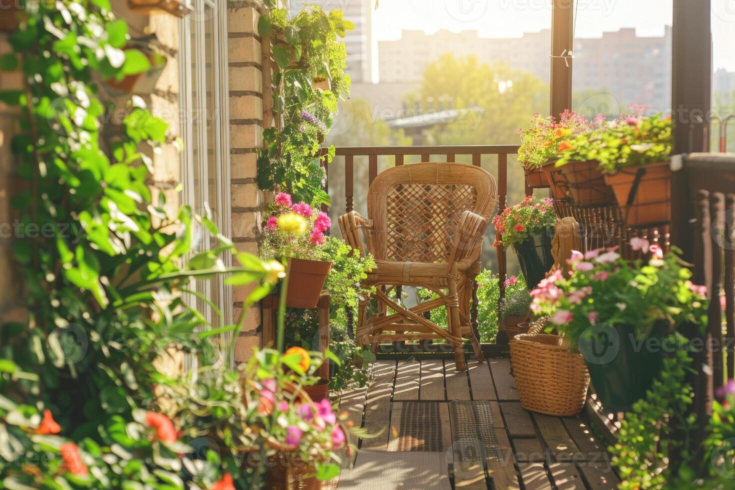 ai gerado lindo sacada ou terraço com cadeiras, natural material decorações e verde em vaso flores plantas. foto