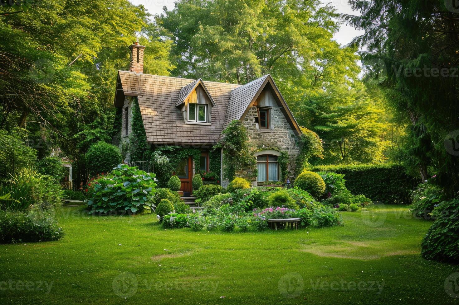 ai gerado casa com gramado e jardim foto