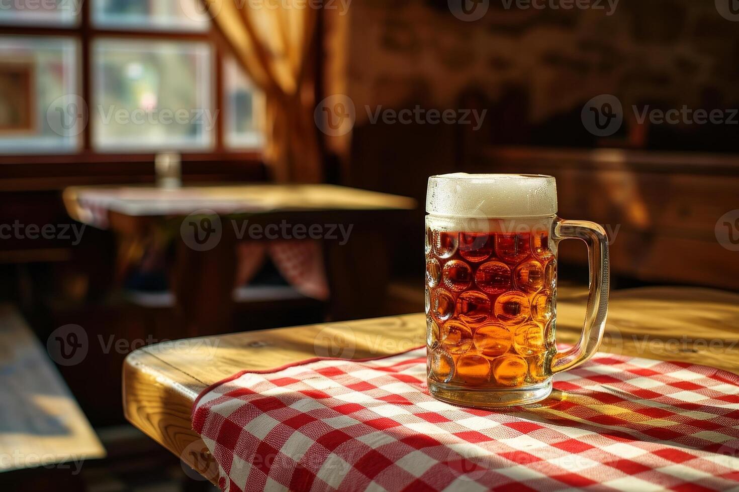 ai gerado bar interior, uma caneca do Cerveja em topo do uma de madeira mesa coberto com vermelho e branco xadrez toalha de mesa foto