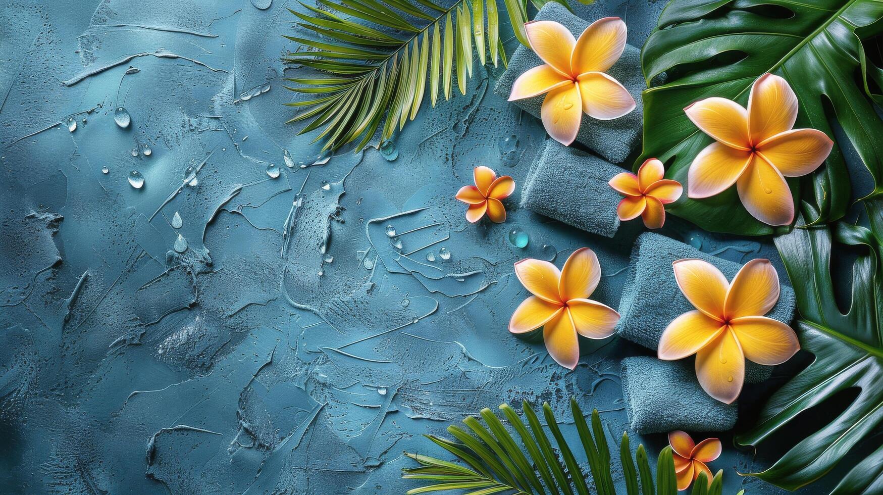 ai gerado flores e folhas pintura em azul fundo foto