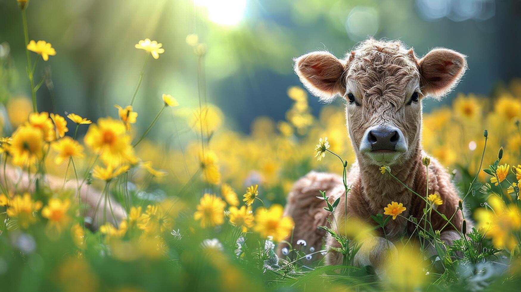 ai gerado Castanho vaca sentado em exuberante verde campo foto